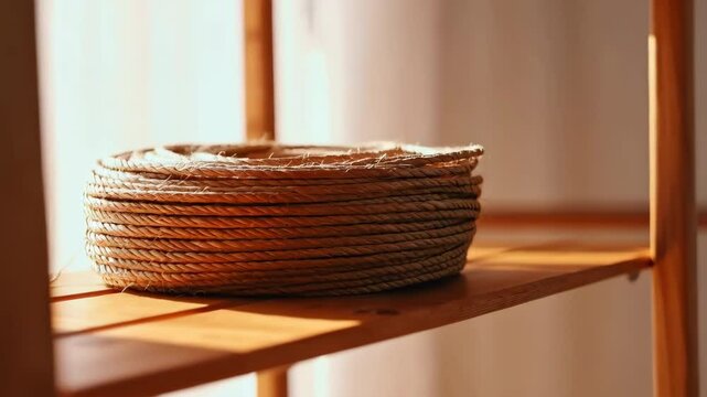Natural Coiled Jute Rope on Wooden Shelf in Sunlight Perfect for DIY Crafts and Rustic Decor