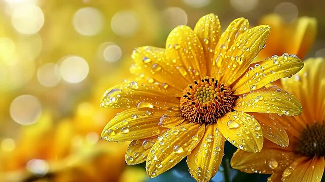 Bright Yellow Rudbeckia Flowers Covered in Dew Drops with Soft Bokeh Background