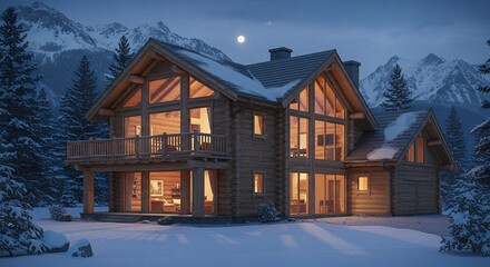 Log Cabin in Winter Scene with Snow and Mountains
