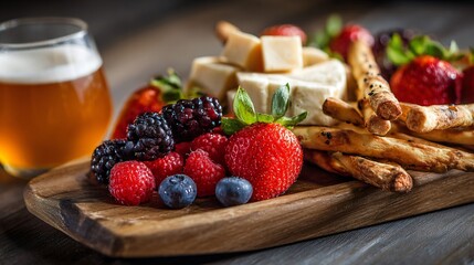 Summer snack board with beer, cheese cubes, fresh berries, and breadsticks