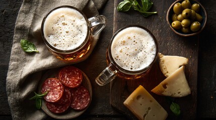Top-down view of two beer mugs, salami slices, olives, and aged cheese on a linen napkin,