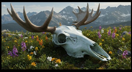 Moose Skull on Mountain Meadow with Wildflowers