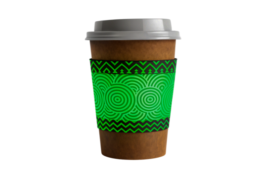 Coffee Cup with Green Geometric Sleeve Design on Transparent Background, ai generated