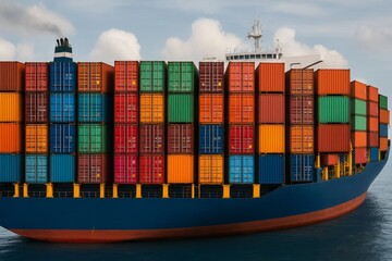 Fototapeta premium Large Cargo Ship Container Vessel Ocean Freight Global Trade Maritime Transport International Shipping Logistics Business Export Import Blue Water Transportation Industry Bulk Cargo Delivery Worldwide