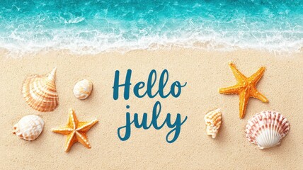 Hello July Background Banner. Summer Beach Scene with Shells, Starfish, and Greeting Text for July Celebration