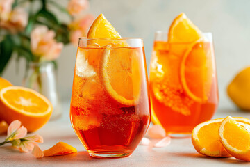 Aperol Spritz cocktail with orange slices and sparkling texture, light background studio setup.