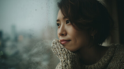 雨の日に物思いにふける日本人女性
