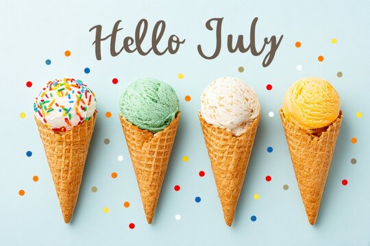 Hello July Background Banner. Colorful Ice Cream Cones with Sprinkles and Fun Greetings for July Celebrations and Summertime Enjoyment