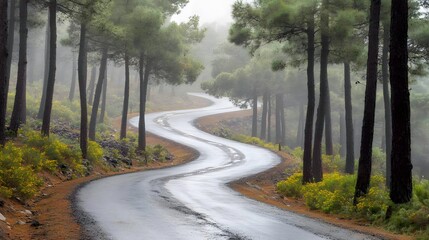 Obraz premium Misty Forest Road Winding Path Scenic Drive