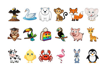 Cartoon Animal Icon Set – Eagle, Monkey, Parrot, Flamingo, Cow, Bear, Fox, Elephant, Pig, Giraffe, Chinchilla, Rabbit, Penguin – Isolated Vector SVG