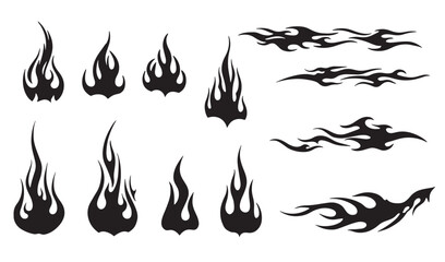 Vector illustration of various stylized fire flames and tribal flame elements in black on white background.