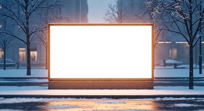 Blank Billboard Mockup in Snowy City at Night Advertising Space