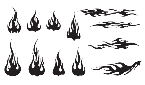 Vector illustration of various stylized fire flames and tribal flame elements in black on white background.