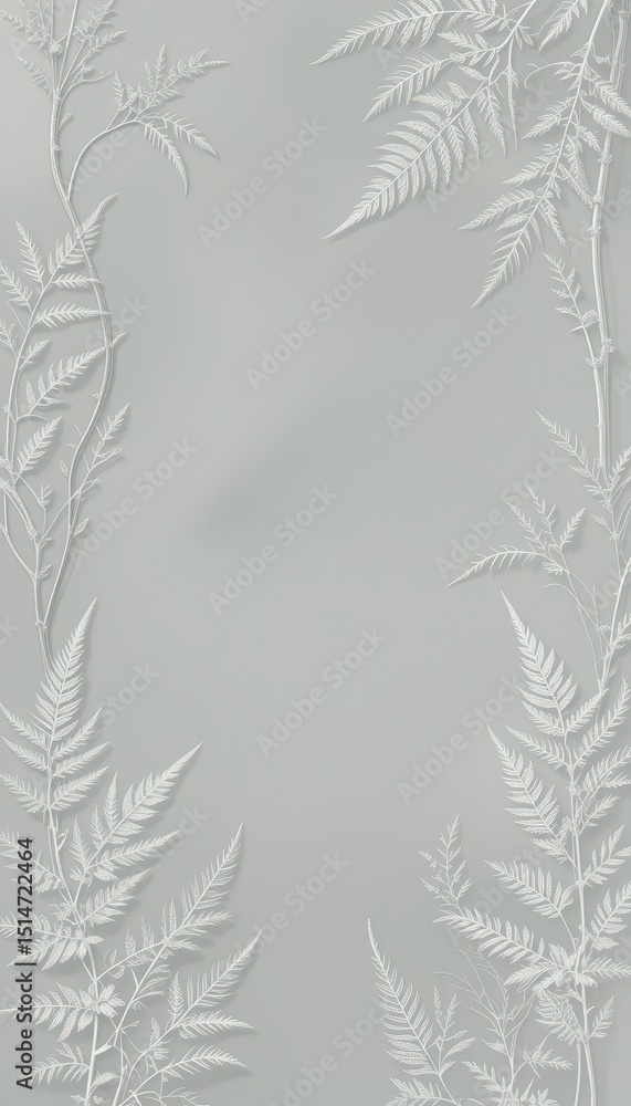 Poster serene botanical fern frame elegant gray background with white outline for text or design