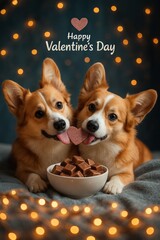 Adorable Corgi Dogs Sharing Sweet Treats Happy Valentines Day Festive Romantic Couple Pet Love Chocolate Hearts Festive Lights Cozy Winter Background Perfect for Cards Joy Cute Warm Soft Gold Dark    