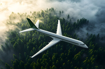 Fototapeta premium Eco-friendly plane flies above green trees. Sustainable travel concept. Clean energy aviation in nature. Future eco-friendly transportation. Airliner in sky. Natural scenery. Modern clean air