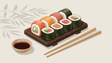 Sushi rolls assortment on a wooden plate with soy sauce and chopsticks, a delicious and healthy japanese cuisine.