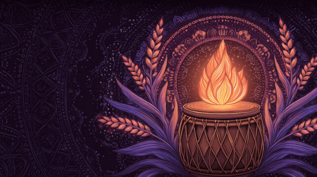 glowing Lohri flame surrounded by stylized sugarcane, dhol and Phulkari patterns