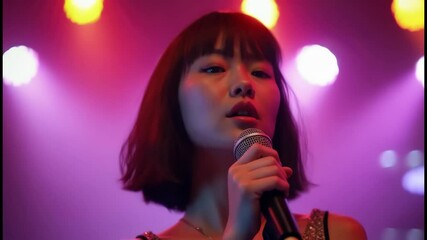 An East Asian woman captivates the audience while singing passionately on stage, surrounded by vibrant lights and an energetic atmosphere - Powered by Adobe
