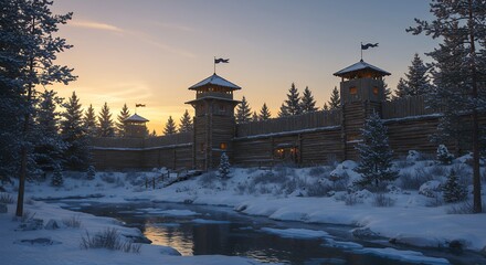 Winter Fortification with Wooden Wall and Watchtowers