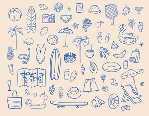 Summer themed hand-drawn sketch set with beach objects, surfboards, palm trees, swimsuits, fruits, umbrellas, floaties, and travel accessories in a playful blue outline style