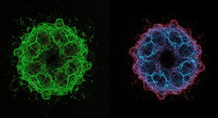 Colorful virus graphic on black background