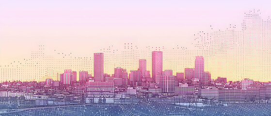 Obraz premium Colorful Pixelated Cityscape At Sunrise