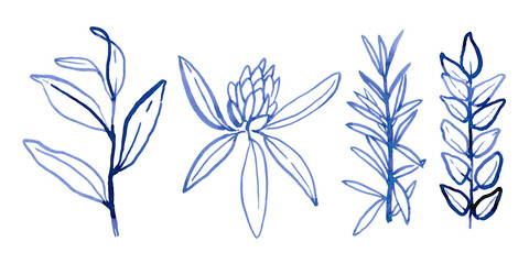 Fototapeta premium Watercolour hand drawn tropical leaves, brush line technique, blue leaves hand drawn.Ude as print, poster, element design, textile, fabric, sticker, tattoo, invitation, greeting card, package design.