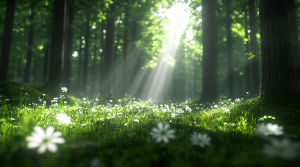 Bright spring woodland, fresh leaves, sunrays through tall trunks, wildflowers carpeting the forest floor