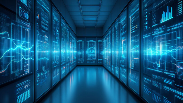 Futuristic data center server room with digital displays showing graphs and charts