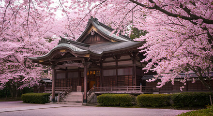 Japanese temple surrounded by blooming cherry blossom trees in spring