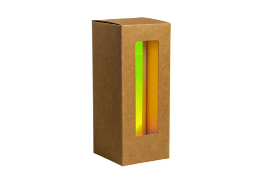 Tall Brown Cardboard Box with Window Displaying Colorful Contents on Transparent Background, ai generated