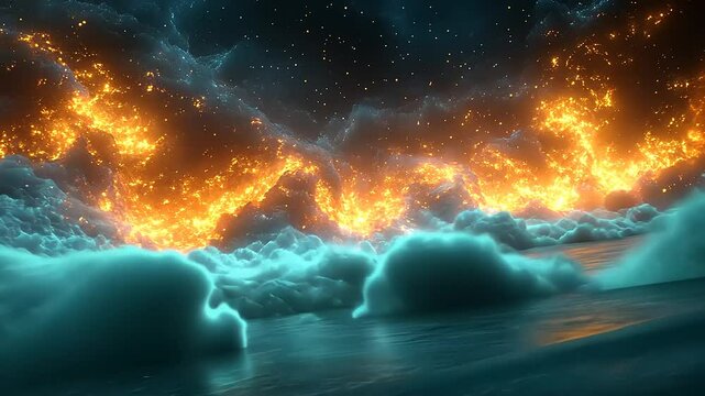 Celestial Aurora: A stunning display of light and water in cosmic harmony art video