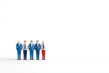 Five miniature businesspeople in suits stand together on a white background, with one figure in red pants standing out from the group.