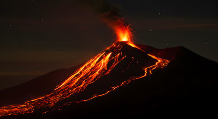 Volcano erupting at night with lava flowing down the mountainside.