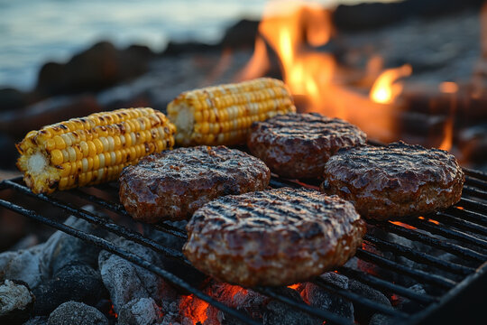 Grill with hamburgers and corn cooking.