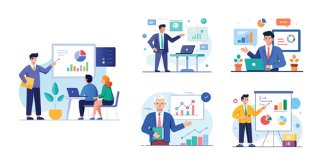 People make a presentation of the project by showing charts and statistics. Brainstorming. Flat vector illustration of business presentation concept.
