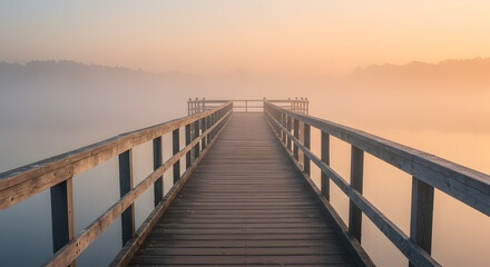 Wooden dock stretching into a misty lake at dawn.