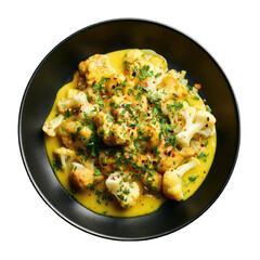 Savory cauliflower curry in a black bowl