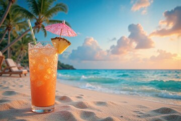 glass of orange juice with a pineapple on the beach
