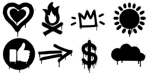 graffiti style icon set with black spray stencil elements. arrow, crown, heart, cloud, flame, sun, thumbs up, and dollar sign. Grunge, dripping paint texture gives strong street art aesthetic. © Doa Bunda