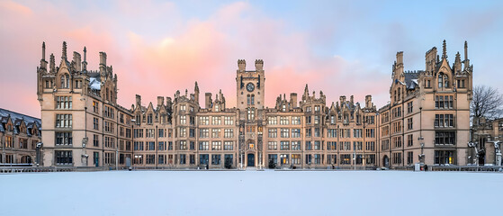 Naklejka premium Majestic Castle In Winter Snow At Sunrise