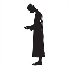 Black silhouette of a person in prayer (Salah), standing with hands folded, on a pure white background 