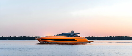Fototapeta premium Orange Yacht On Beach At Sunset