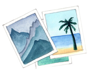 Watercolor illustration of travel photos featuring mountains, palm trees, and the sea. Perfect for vacation, adventure, and travel-themed designs.