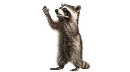 Fototapeta premium A raccoon standing upright, reaching for something with its small paws,Transparent background, PNG file