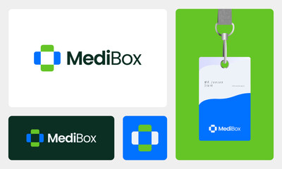 Minimalist abstract Delivery, gift, medical, shop and drug  box logo design with premium ID card