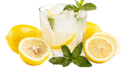 A refreshing glass of iced lemonade with lemon slices and mint leaves,Transparent background, PNG file