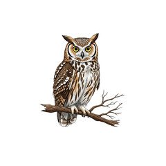 Great horned owl perched on branch isolated on transparent background