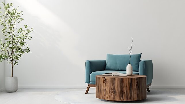 Modern minimalist living room with teal sofa and wooden coffee table